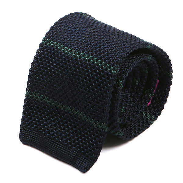 Navy Blue & Slim Green Striped Silk Knitted Tie - Tie Doctor