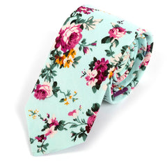 Blue Pastel Rose Floral Slim Cotton Tie