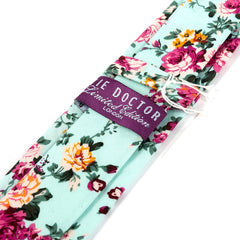 Blue Pastel Rose Floral Slim Cotton Tie
