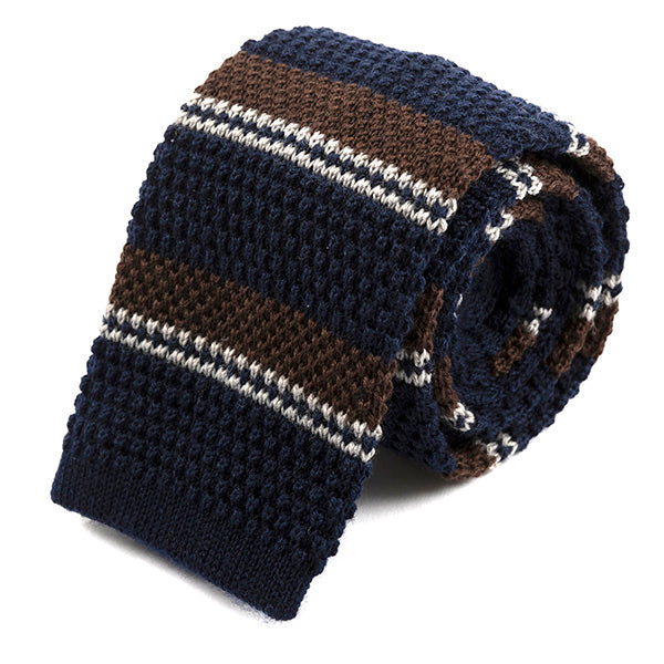 Thando Blue & Brown Striped Wool Knitted Tie 7cm - Tie Doctor