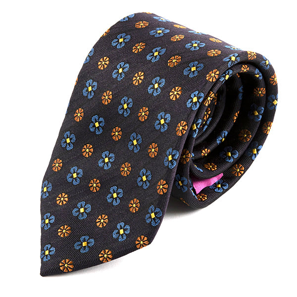 Navy Blue & Brown Dollis Floral Silk Tie 7cm - Tie Doctor