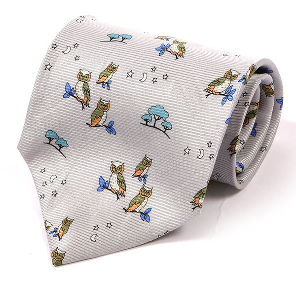 Silver Grey Owl Print Wide Silk Tie 9.5cm - Tie Doctor