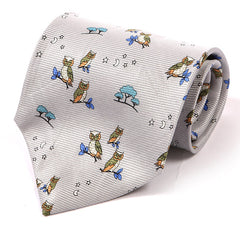 Silver Grey Owl Print Wide Silk Tie 9.5cm - Tie Doctor