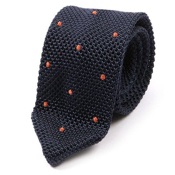 Navy And Orange Polka Dot Pointed Silk Knitted Tie - Tie Doctor