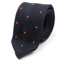 Navy And Orange Polka Dot Pointed Silk Knitted Tie - Tie Doctor