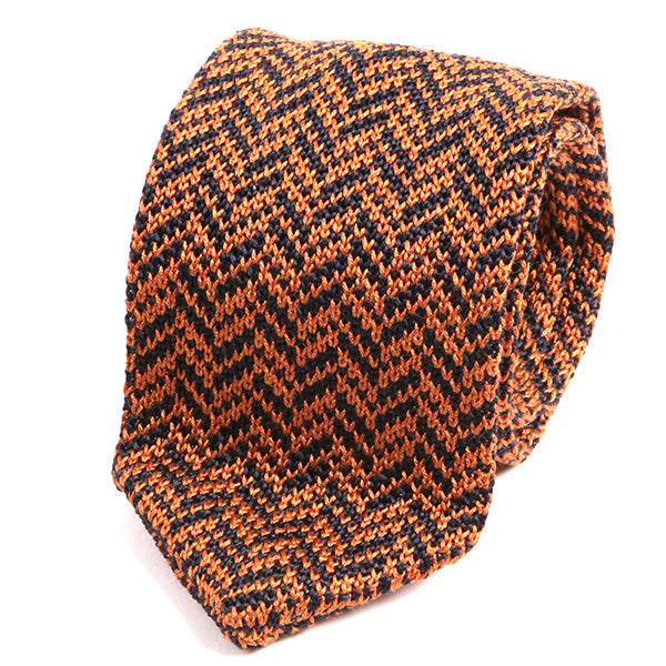 Burnt Orange and Navy Pointed Silk Knitted Tie - Tie Doctor