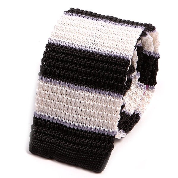 Navy Blue Duo Silk Knitted Tie With Stripes - Tie Doctor