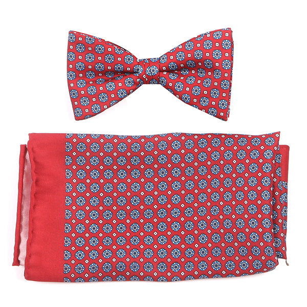 Rocco Red Mini Medallion Bow Tie & Pocket Square Set - Tie Doctor