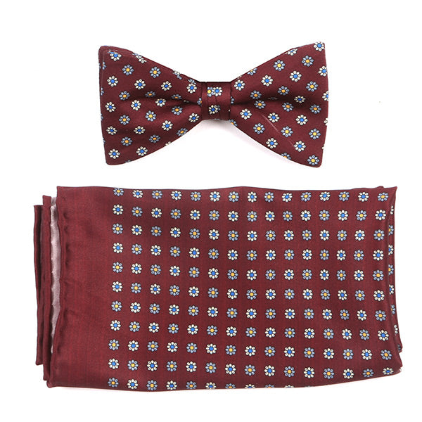 Burgundy Red Mini Floral Motif Bow Tie Set - Tie Doctor