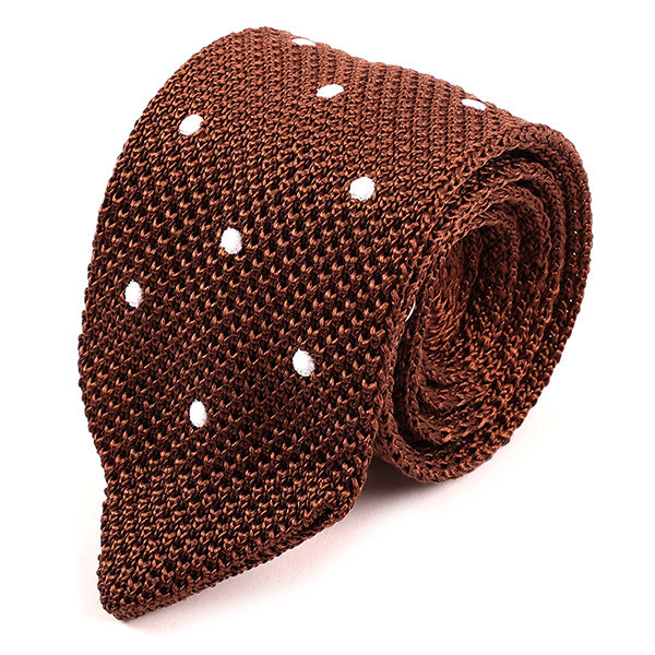 Brown Polka Dot Pointed Silk Knitted Tie 6cm