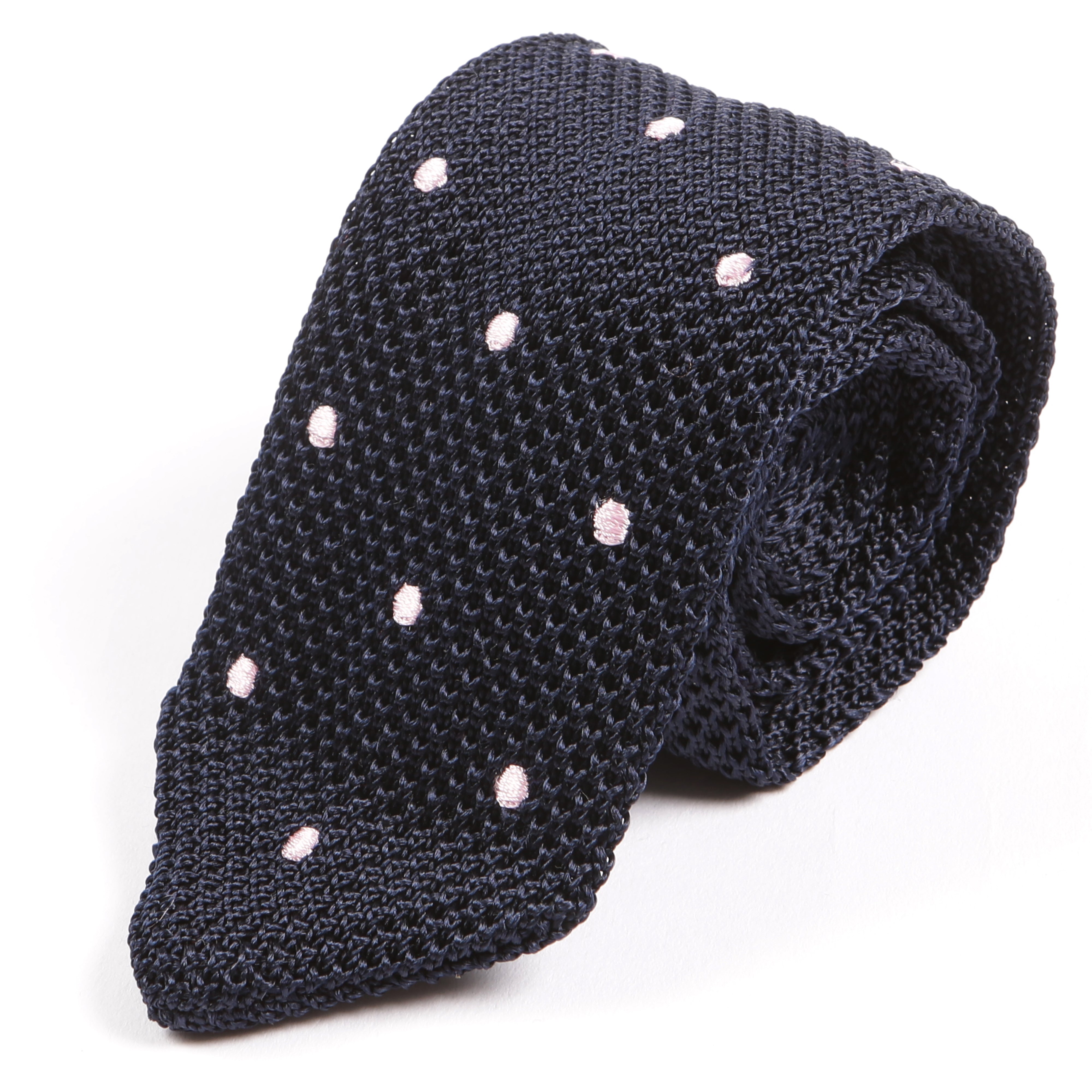 Navy And Pink Polka Dot Pointed Silk Knitted Tie