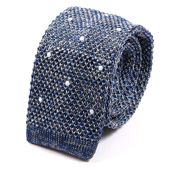 Denim Blue Polka Dot Silk Knitted Tie