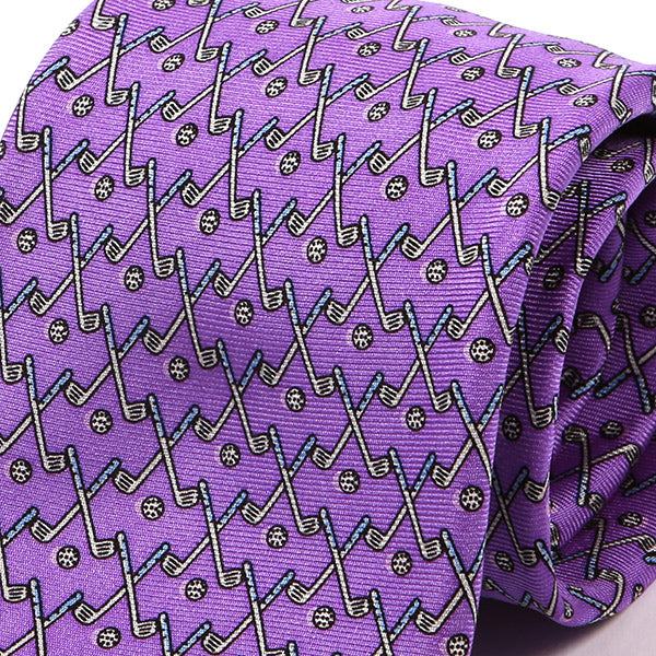 Purple Golf Club & Ball Print Silk Tie 7.5cm