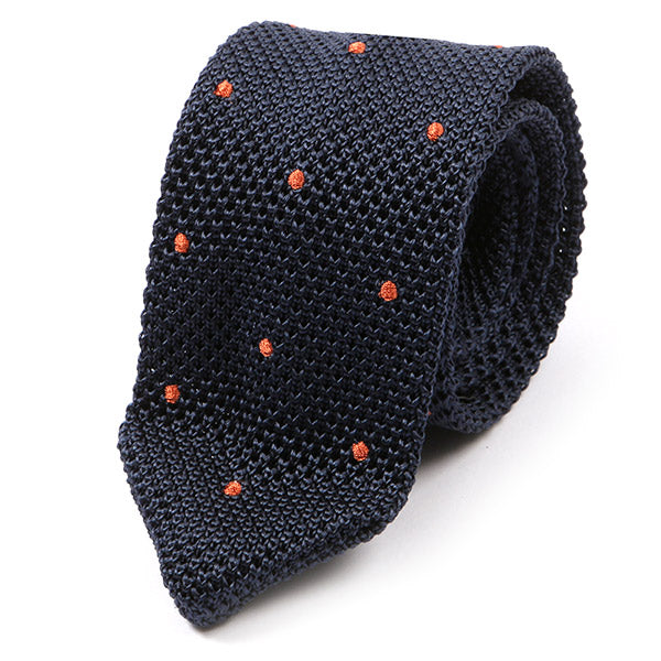 Navy And Orange Polka Dot Pointed Silk Knitted Tie - Tie Doctor  