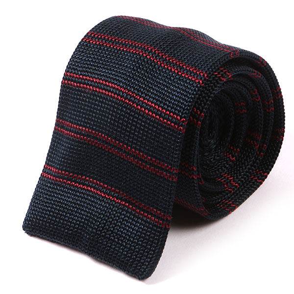 Silk Striped Navy Blue & Red Knitted Tie 6cm