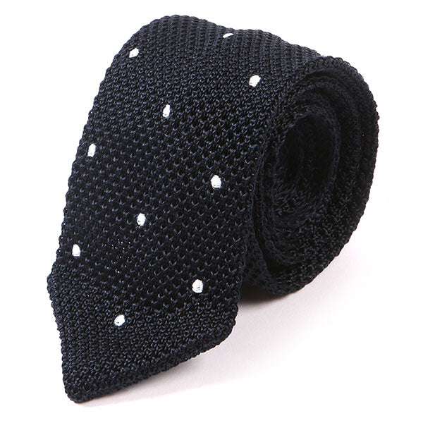 Navy Polka Dot Pointed Silk Knitted Tie