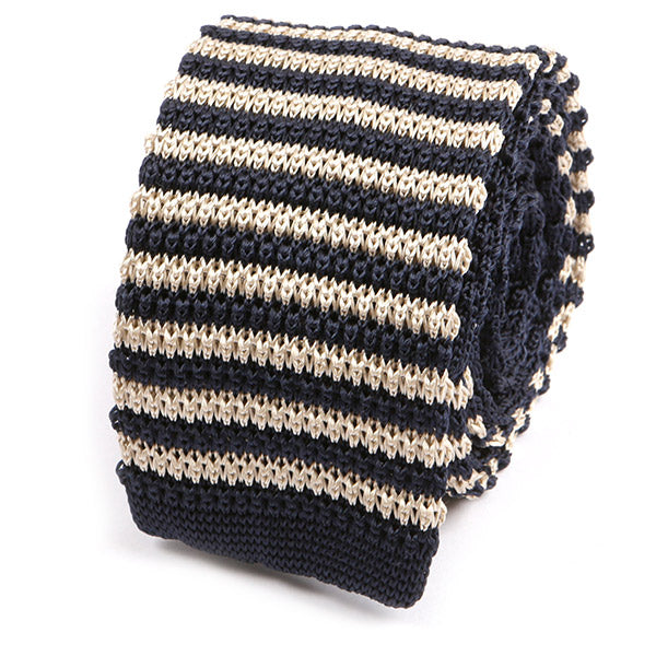 Navy and Cream Striped Silk Knitted Tie - Handmade Silk Wool And Knitted Ties by Tie Doctor