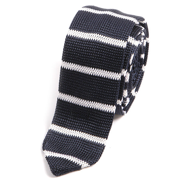Navy Striped Skinny Silk Knitted Tie