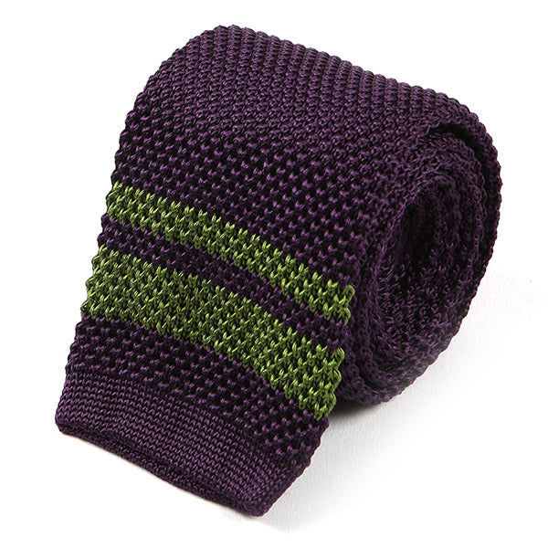 Purple & Green Striped Tip Silk Knitted Tie 6cm
