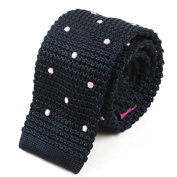 Navy And Pink Dot Silk Knitted Tie 6cm