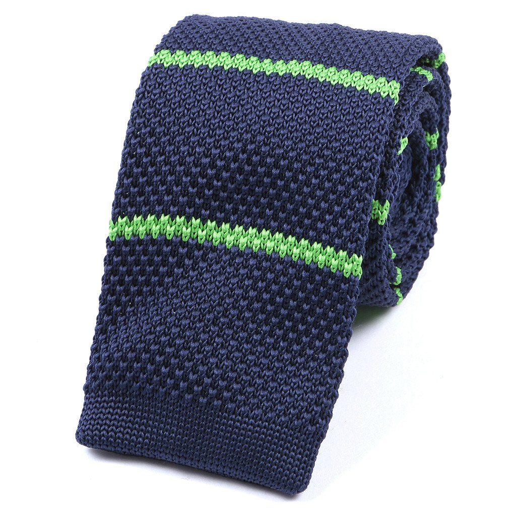 Navy & Green Striped Knitted Tie - Handmade Silk Wool And Knitted Ties by Tie Doctor